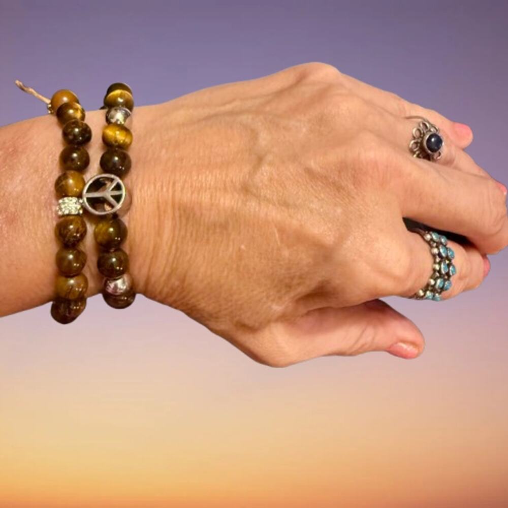 Pair of Adjustable Tigers Eye Beaded Bracelets Peace Crystal - Picture 8 of 8